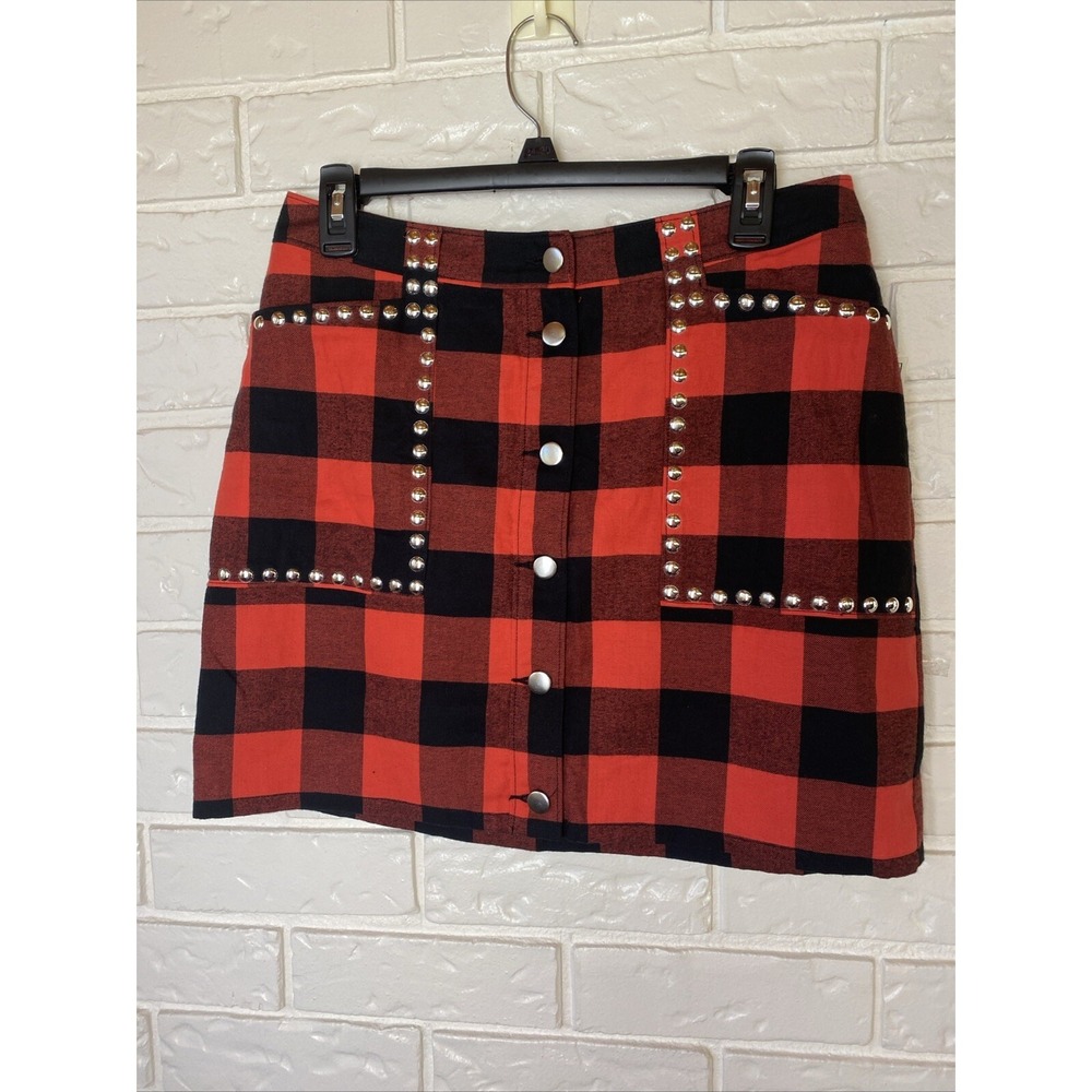 Bar III Womens Size 12 Buffalo Ck Lined Studded Mini‎ Skirt Red Black $59 1639